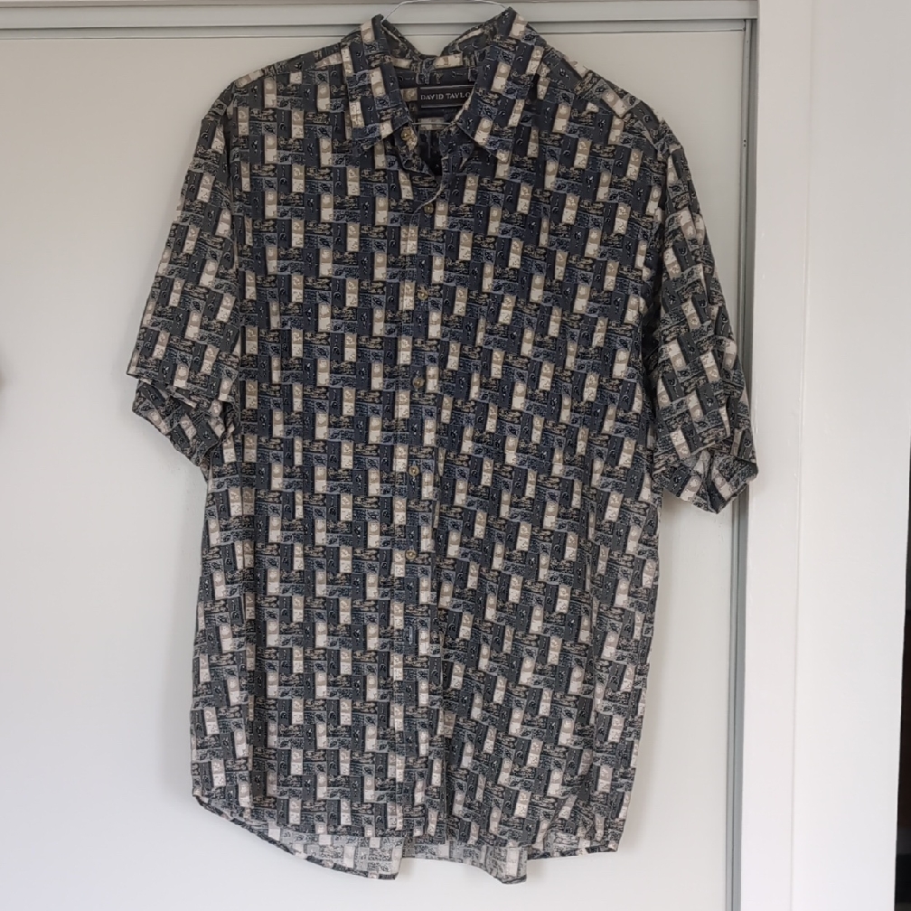 David Taylor Blue And White Geometric Button Down Shirt David Taylor Blue And White Geometric Button Down Shirt